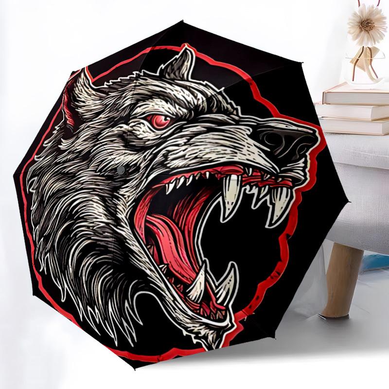 1pc Wolf Head Fashionable Automatic Opening/Closing Folding Umbrella with 8 Bones, Windproof Portable, Daily Use039