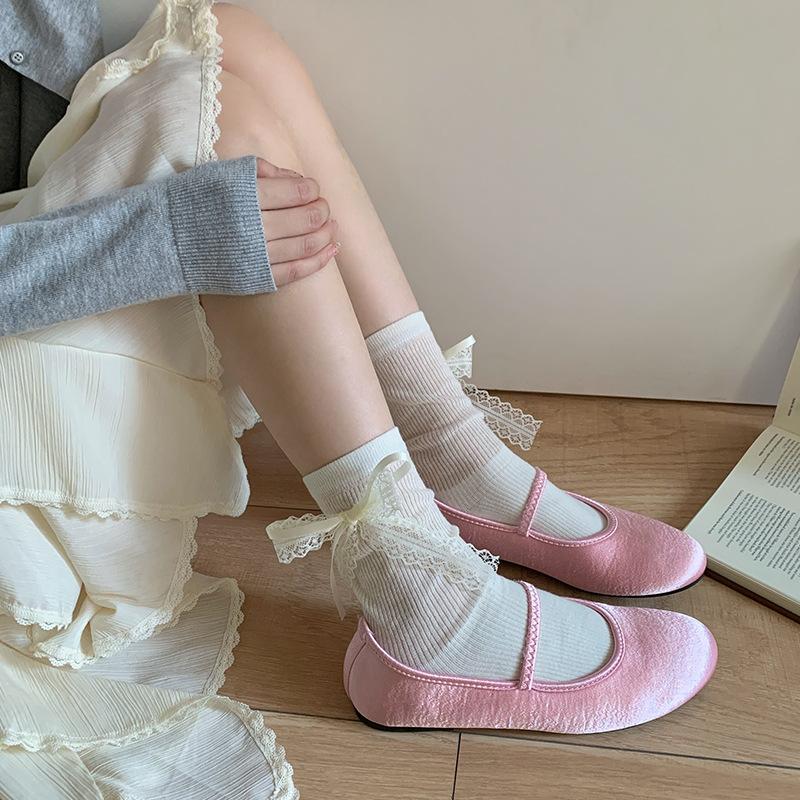 Female Spring and Summer Thin Style Lace Bow Mesh Breathable Sweet Ballet Wind Tube Cotton Socks