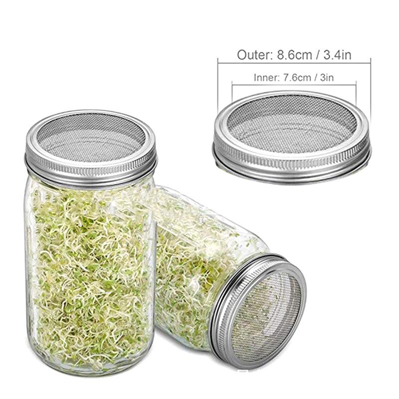 Tapas de acero inoxidable para germinación de semillas, tapa de boca ancha para frasco de vidrio, colador de malla, filtro, germinador