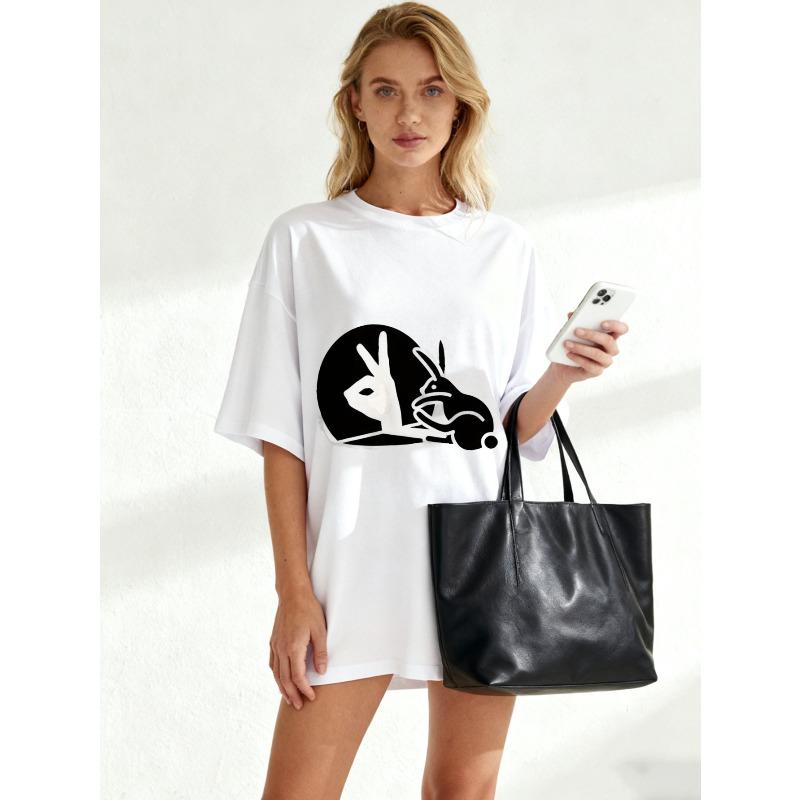 Oversized T Shirt Black Peace Sign And Rabbit Print Casual Streetwear For Women