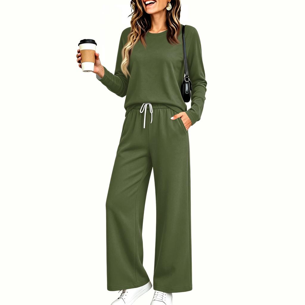 Women's Pajama Set with Pockets, Long Sleeve Round Neck Loose Fit Sleepwear for Home