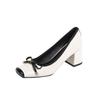 Retro pig nose color matching ballet shoes women's bow silver outer wear light mouth thick heel square head Mary Jane shoes