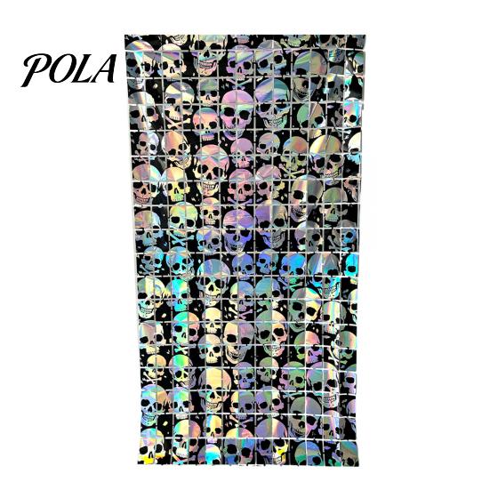 Decorative Festive Curtain Halloween Skull Foil Fringe Curtain, Iridescent Disposable Tablecloth, Pattern Party Decor Table Cover Tinsel Backdrop for