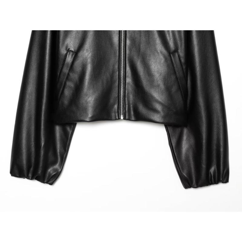 Women S Black Faux Leather Zip Up Stand Collar Long Sleeve Casual Coat
