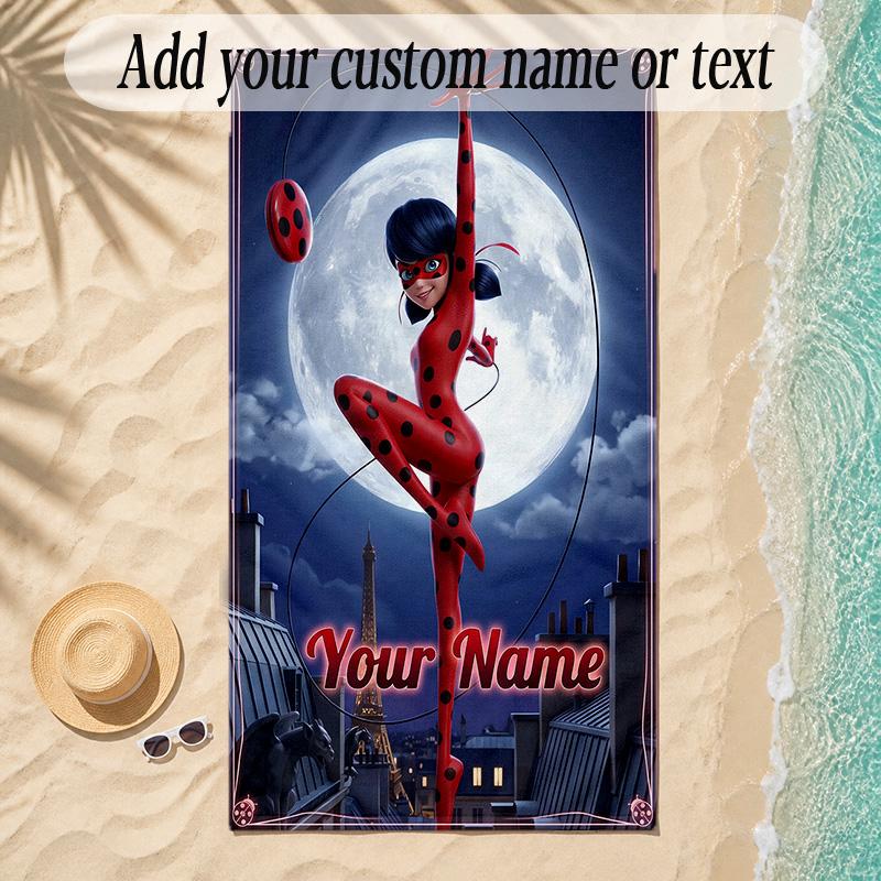 Strandtuch Miraculous Ladybug Benutzerdefinierter Name Text Personalisierbares Weiches Handtuch für Strand Pool Innen Hausdekoration Geschenk