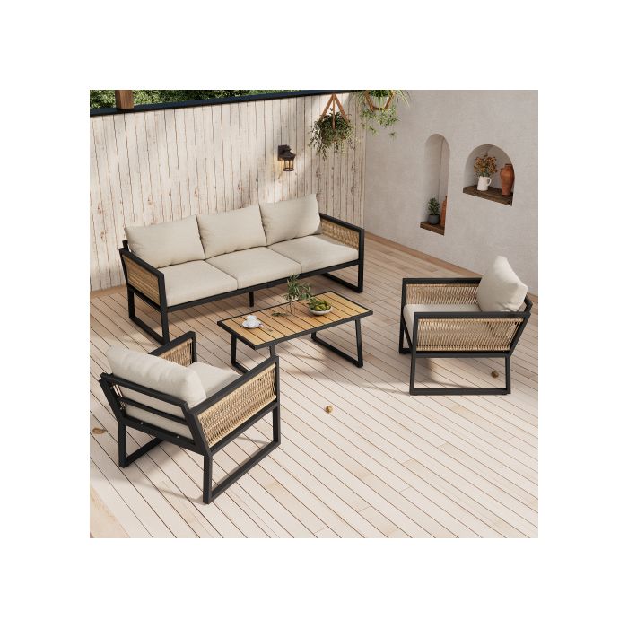 Salon de jardin, 4 pièces, canapé 3 places, 2 fauteuils et table basse, acier galvanisé, beige