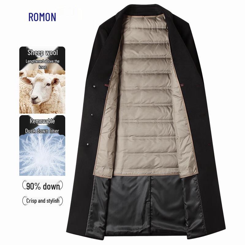 Romon Men's Slim Fit Long Wool Blend Overcoat with Detachable Down Liner