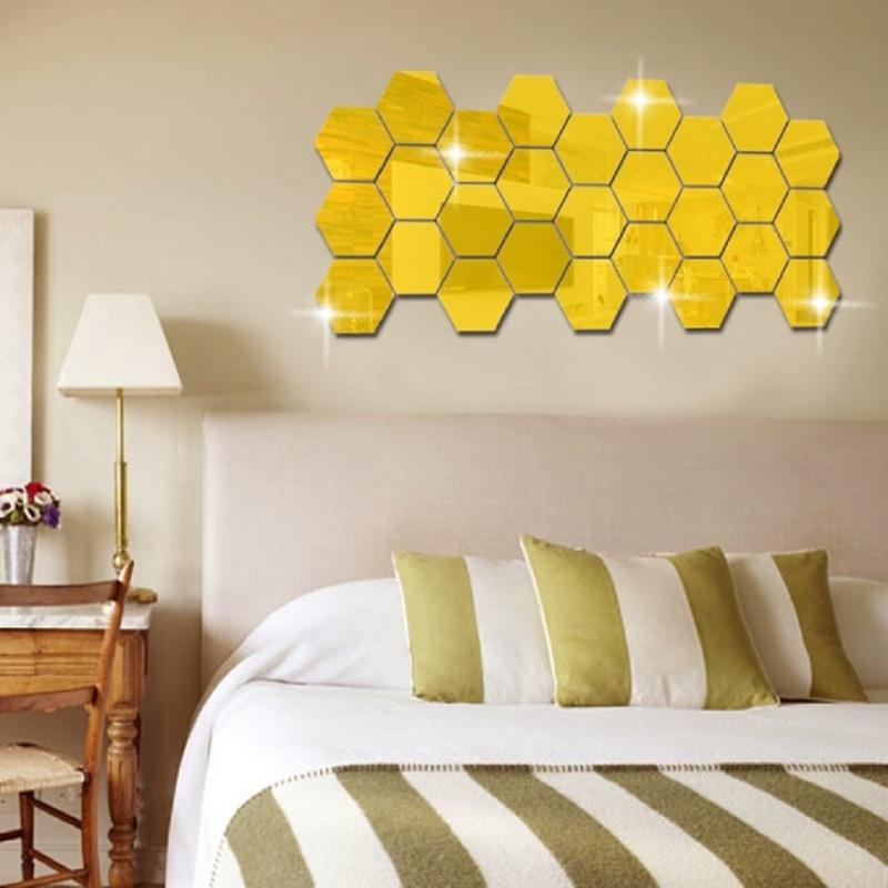 12 Geometric 3D Hexagon Mirror Wall Sticker Home Decor Enlarge Living Room Removable Safety 3 Sizes DIY Wall Stickers