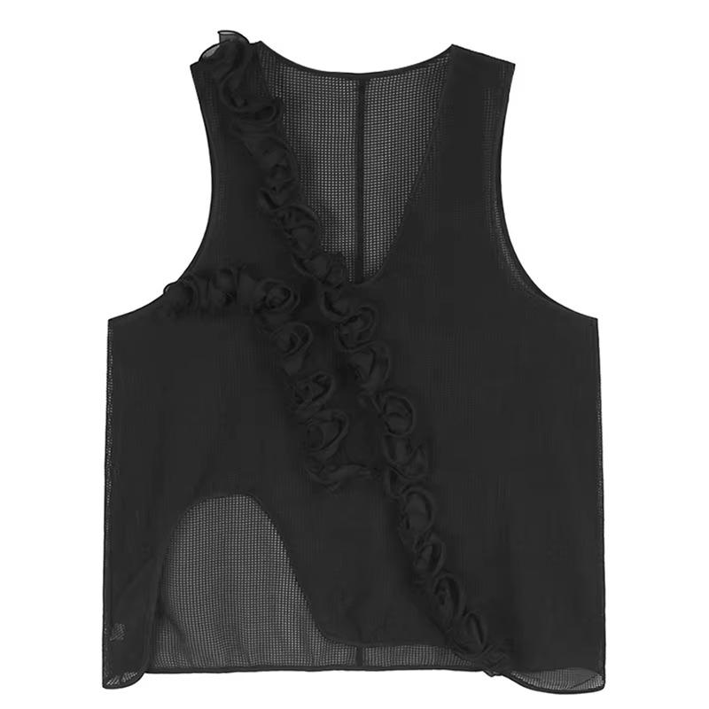 

XITAO Grid Asymmetrical Flower V-neck Vest ZMY1126 One Size чёрный