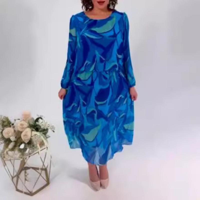 

Плюс Размер Женщин Новое Осеннее Модное Свободное Платье С Длинными Рукавами и Принтом 5XL синий