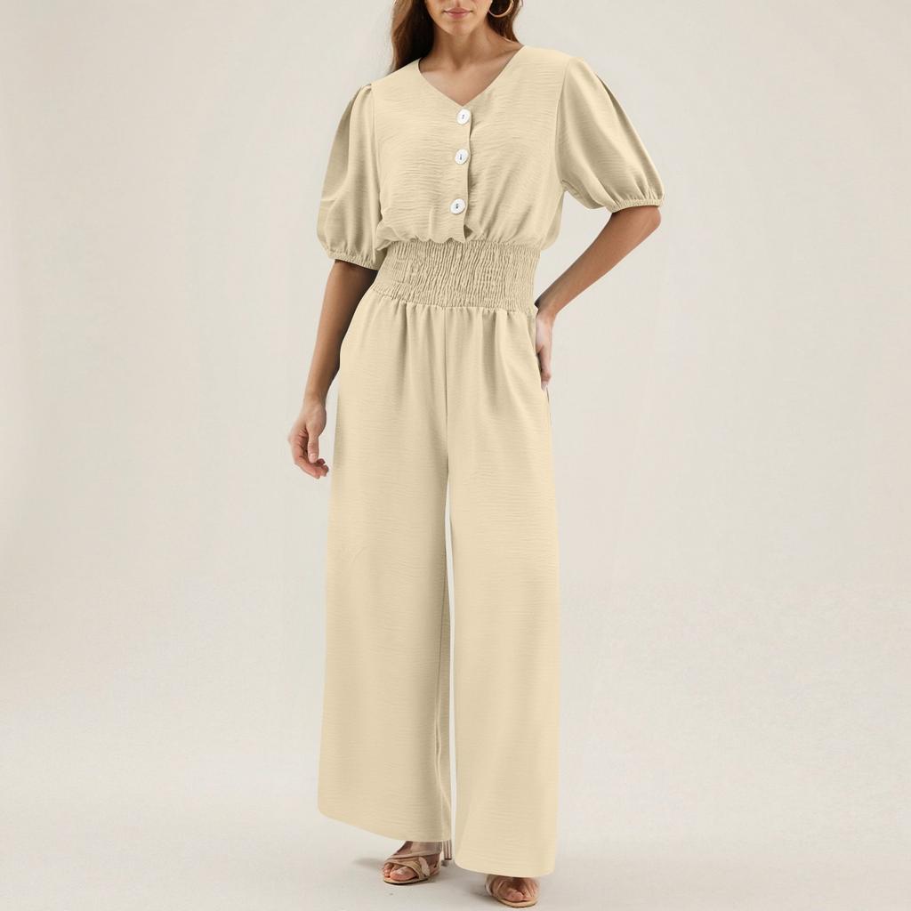 Women's Fashionable Solid Color V-neck  Button Short Sleeved Casual Loose Wide Leg Pants Jumpsuit