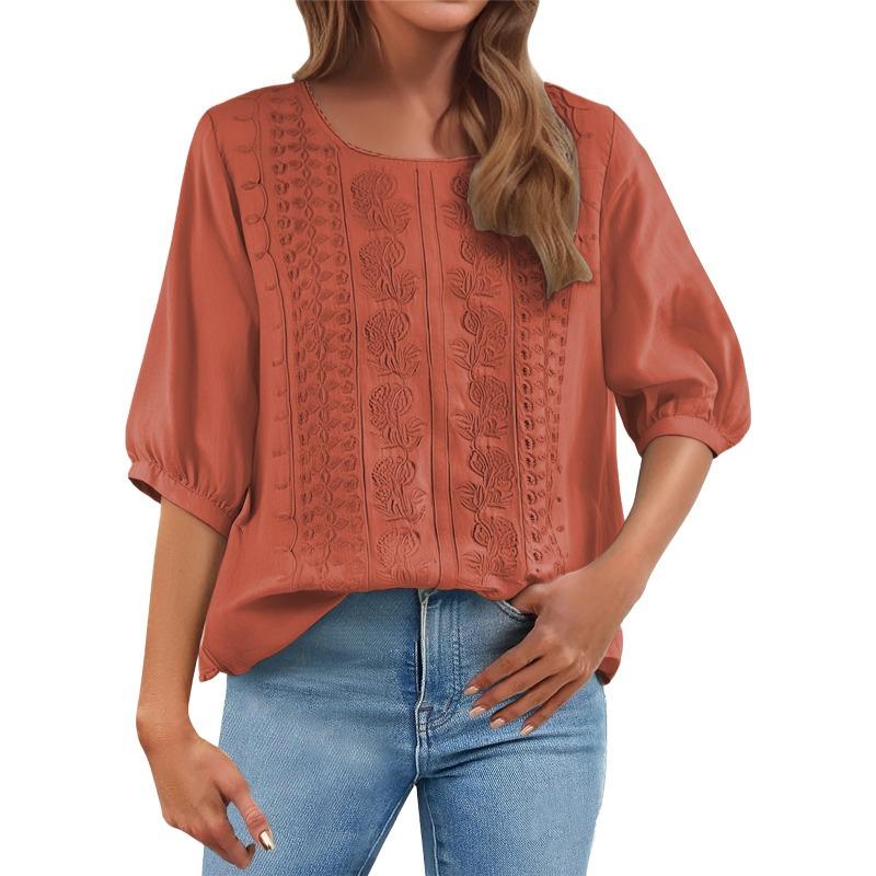 Summer Elegant Embroidery Loose Women Blouse Large Size Casual T-shirt Loose Simple Office Solid Color Fashion Elegant O Neck Sweet Shirts Clothing