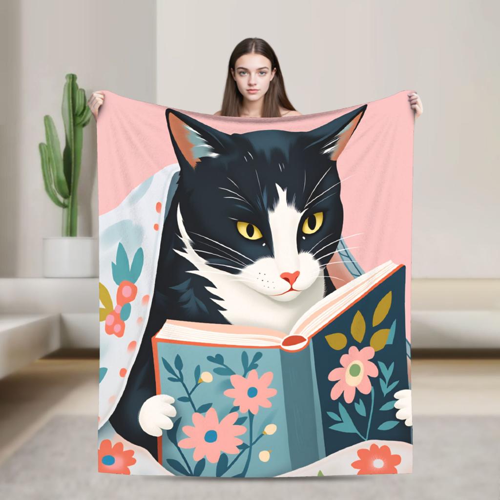 Whimsical Reading Cat Plush Blanket Girls Boys Flannel Throw Blanket For Living Room Warm Soft Custom Quality Bedspread Gift