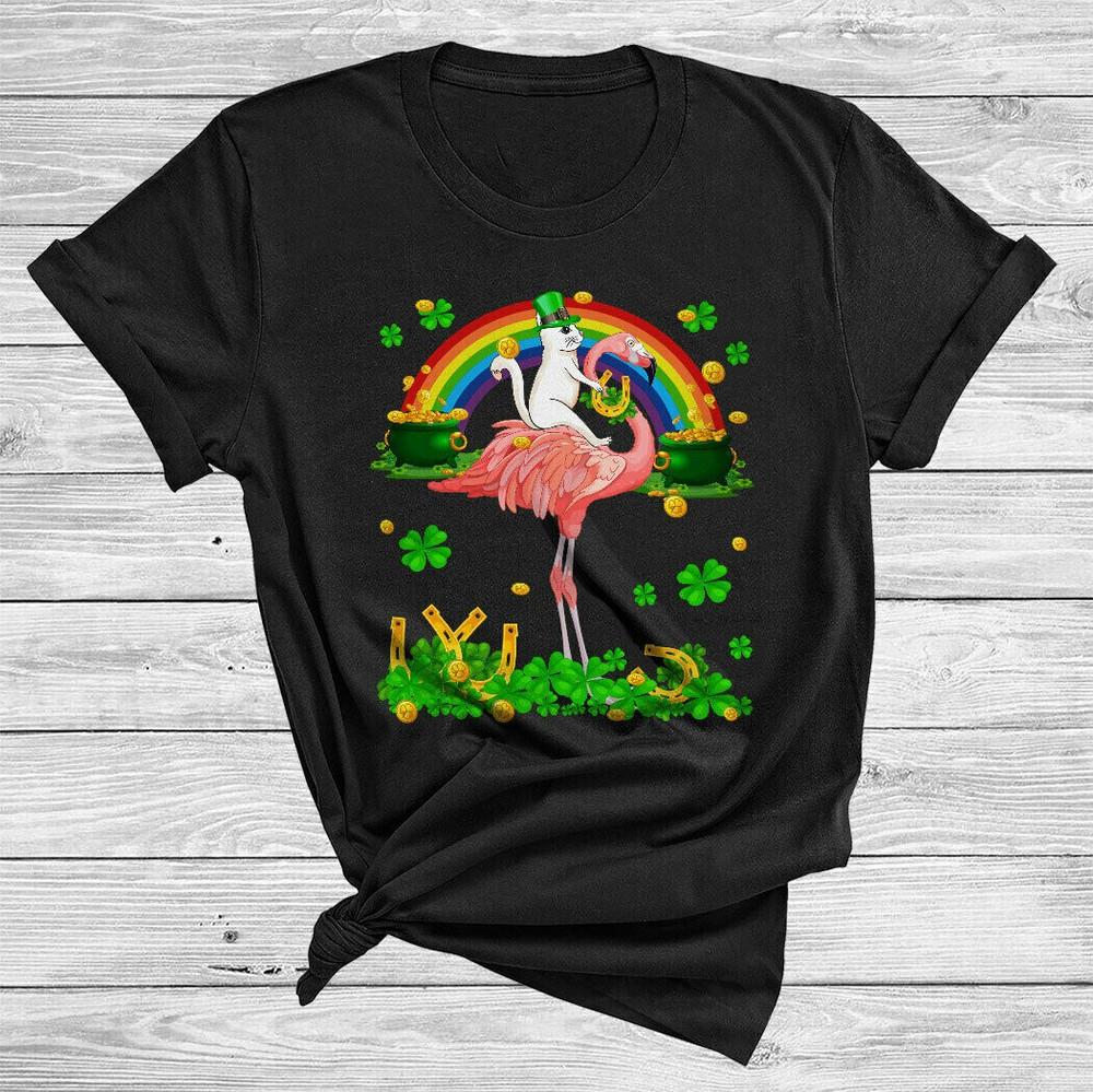 

Leprechaun Cat Riding Flamingo Funny T-Shirt Unisex T-Shirt S