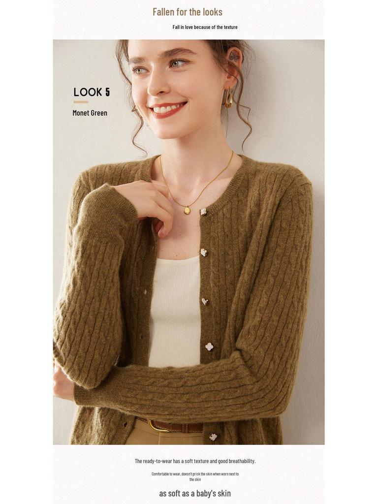 Damski kardigan z kaszmiru z warkoczowym splotem z okrągłym dekoltem – Styl koreański, dopasowany krój na jesień i zimę