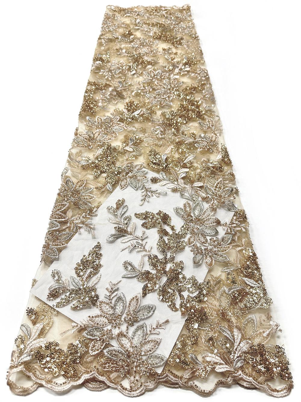 

African Beaded Lace Fabrics 2026 High-Quality Lace Nigerian French Sequined Mesh Lace Fabrics for Wedding Party Dresses Women 5 yards&120cm