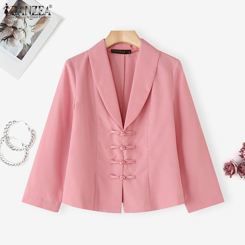 ZANZEA Damska elegancka bluzka z długim rękawem, z kołnierzykiem i jednolitym kolorem