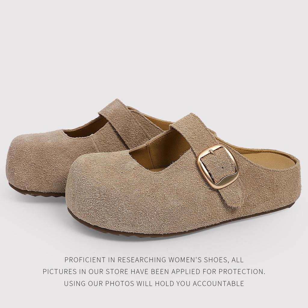 Cowhide Frosted Women'S Half Slippers With Buckle Women'S Round Head Empty Mary Jane Shoes