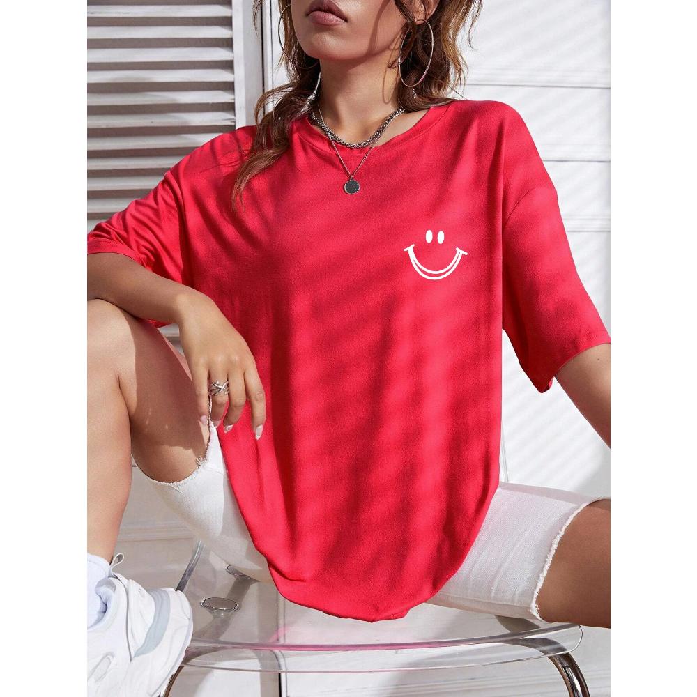 Happy Expression Printed Women Short Sleeve Street Hip Hop Tee Clothing All-math Breathable Tops Crewneck Women T-Shirts