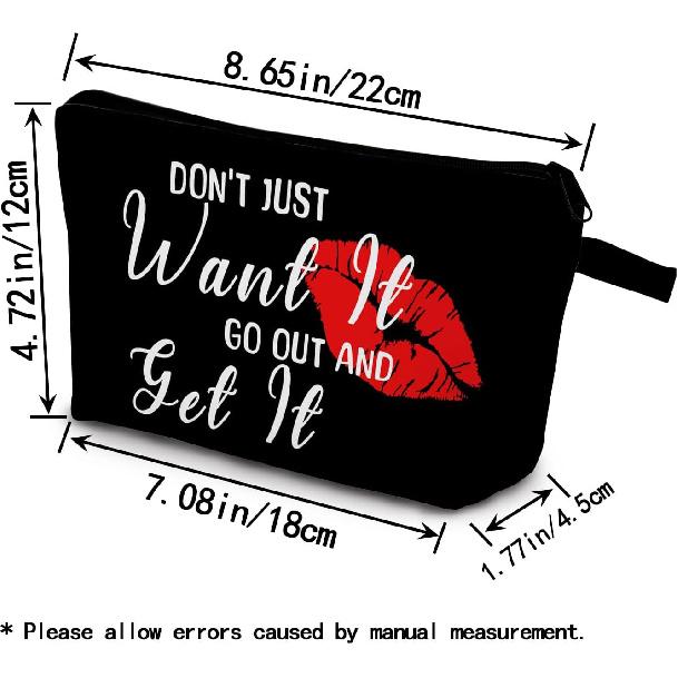 

Red Lip Makeup Bag Don’t Just Want It Go Out And Get It Small Organizer Toiletry Pouch with Zipper Inspirational Cosmetic Bag Present for Friends