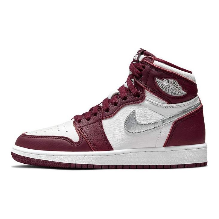Air Jordan 1 Retro High OG GS Bordeaux Kids Sneakers Red White Metallic-Silver 575441-611