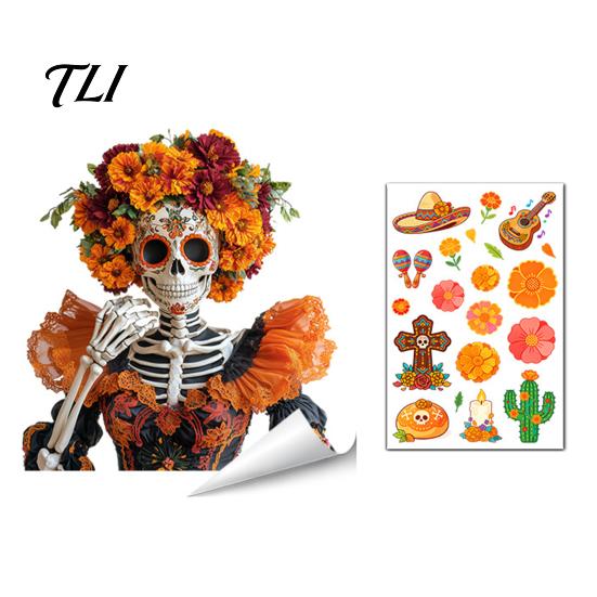Mexican Fiesta Party Decorations Day of The Dead Window Clings, Halloween Double-Sided Skull Sticker, Ethnic Pattern Wall Art Colorful Flower Skeleton