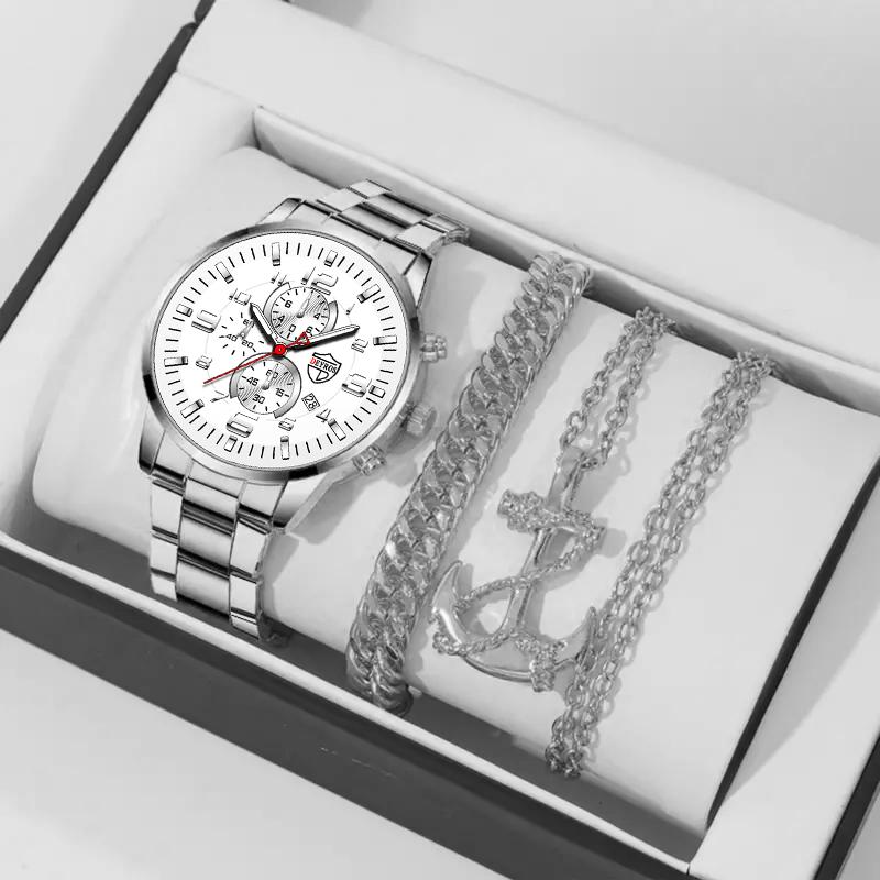 

3 шт./набор, модные мужские кварцевые часы с календарем и ремешком из нержавеющей стали, браслет и ожерелье, лучшие подарки для него