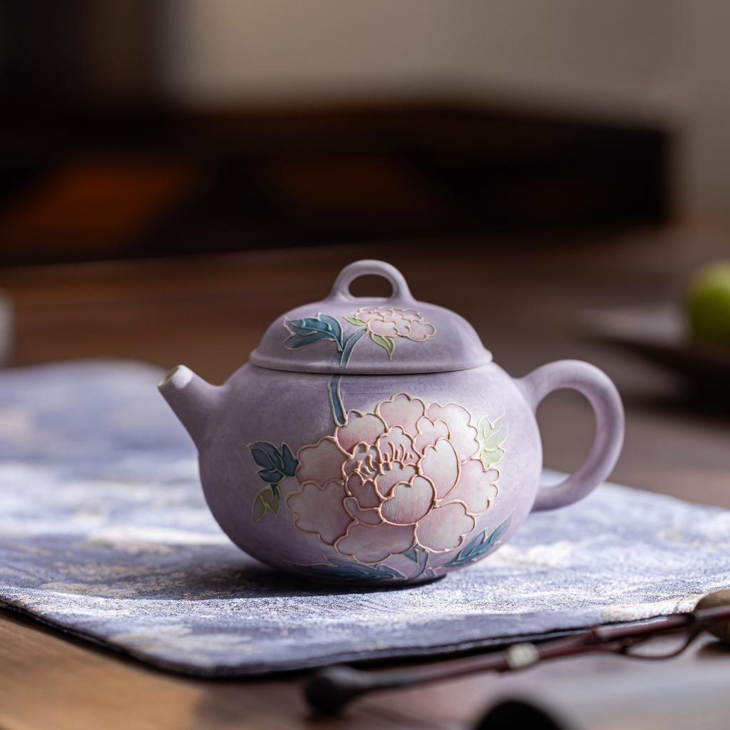 New Chinese Style Ceramic Teapot Hand Painted Peony Relief Kungfu Tea Set Porcelain Pot for Women Home Use Brewing Gift Idea