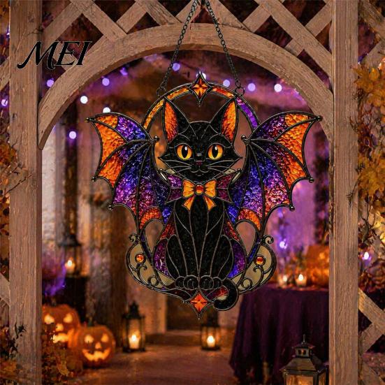 Lightweight Hanging Ornament Halloween Bat Cat Suncatcher, Stained Glass Style Acrylic Sun Catcher, Gothic Festival Atmosphere Display Black for Home