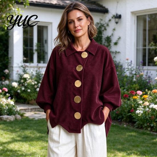 Lady Corduroy Jacket Women with Large Metal Buttons, Lantern Sleeve Casual Long Coat for Fall Winter, Loose Fit Oversized Collared Outerwear Warm