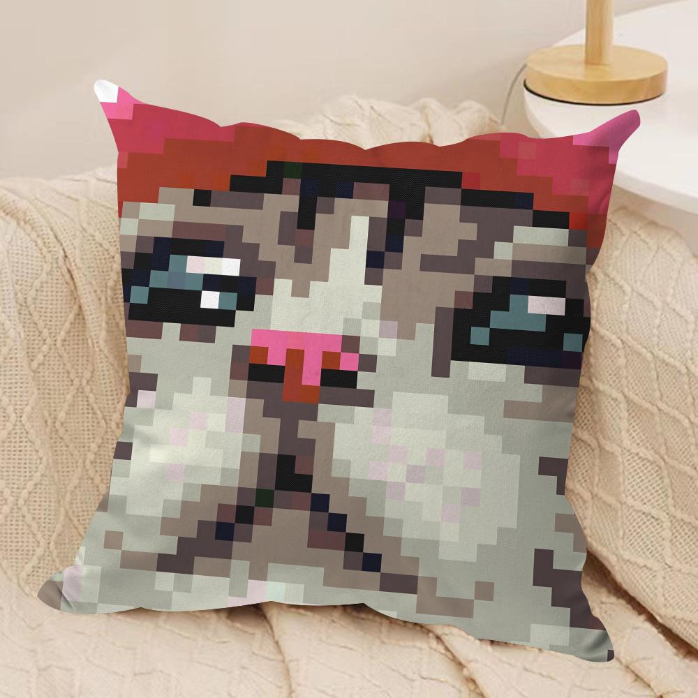 Meme Pixel Cat Cute Funny Cushion Cover Silky Short Plush Invisible Zipper Dustproof Sofa Pillow Case For Home Decor
