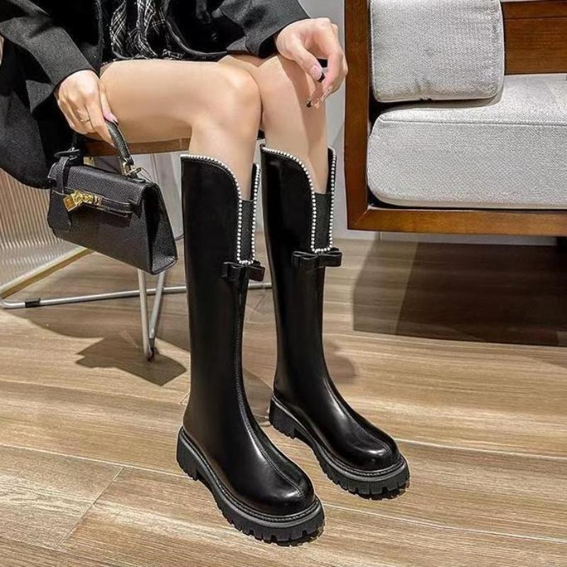 Pearl Bow Middle Heel Round Toe Ladies Knee High Shaft Shoes Autumn Winter Chic and Elegant New in Gothic Hot Women's Long Boots