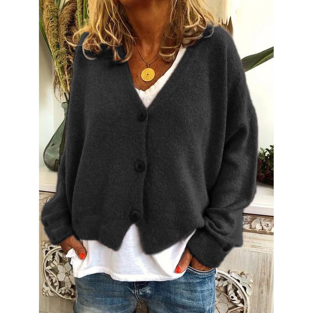 Women's Spring and Autumn Loose Knit Cardigan Solid Color V-neck Long-sleeved Single-breasted Loose Knit Sweater Coat