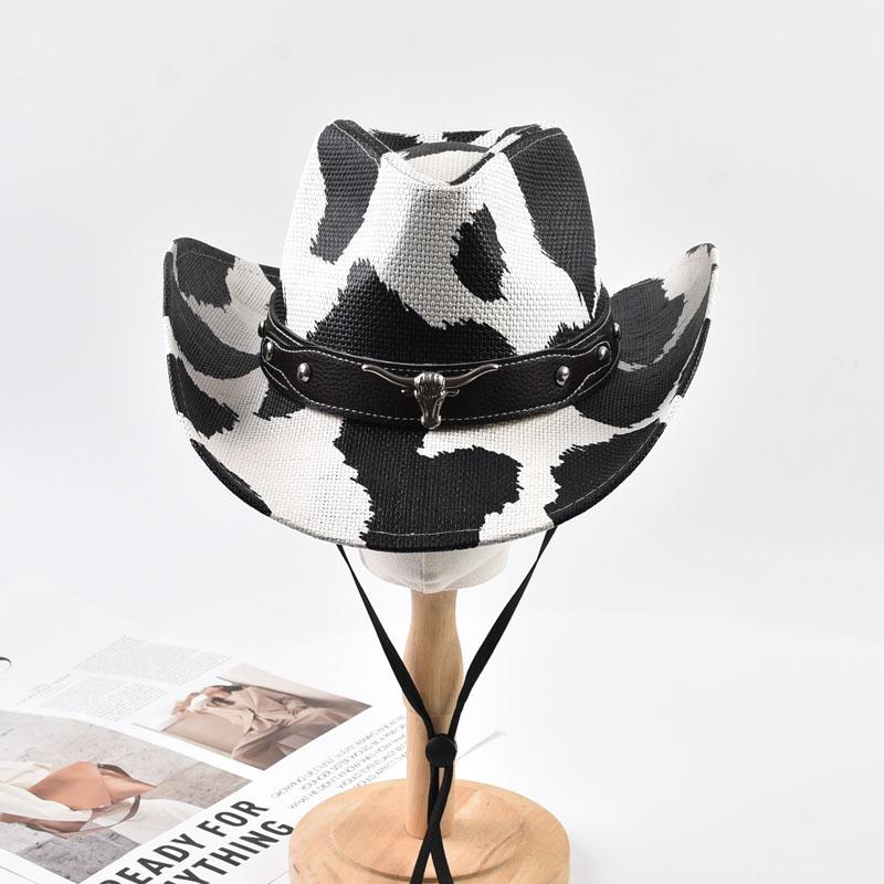 Cow Print Straw Western Cowboy Hat with Belt Trendy Wide Brim Cowgirl Hat Outdoor UV Protection Beach Hat