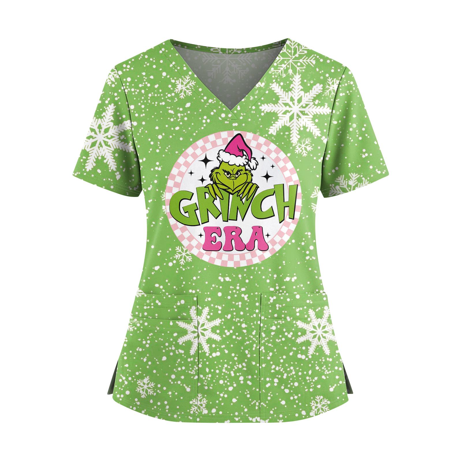 

Женский топ с V-образным вырезом, короткими рукавами, двумя карманами, рождественским принтом и разрезами по бокам. XXXL зелёный