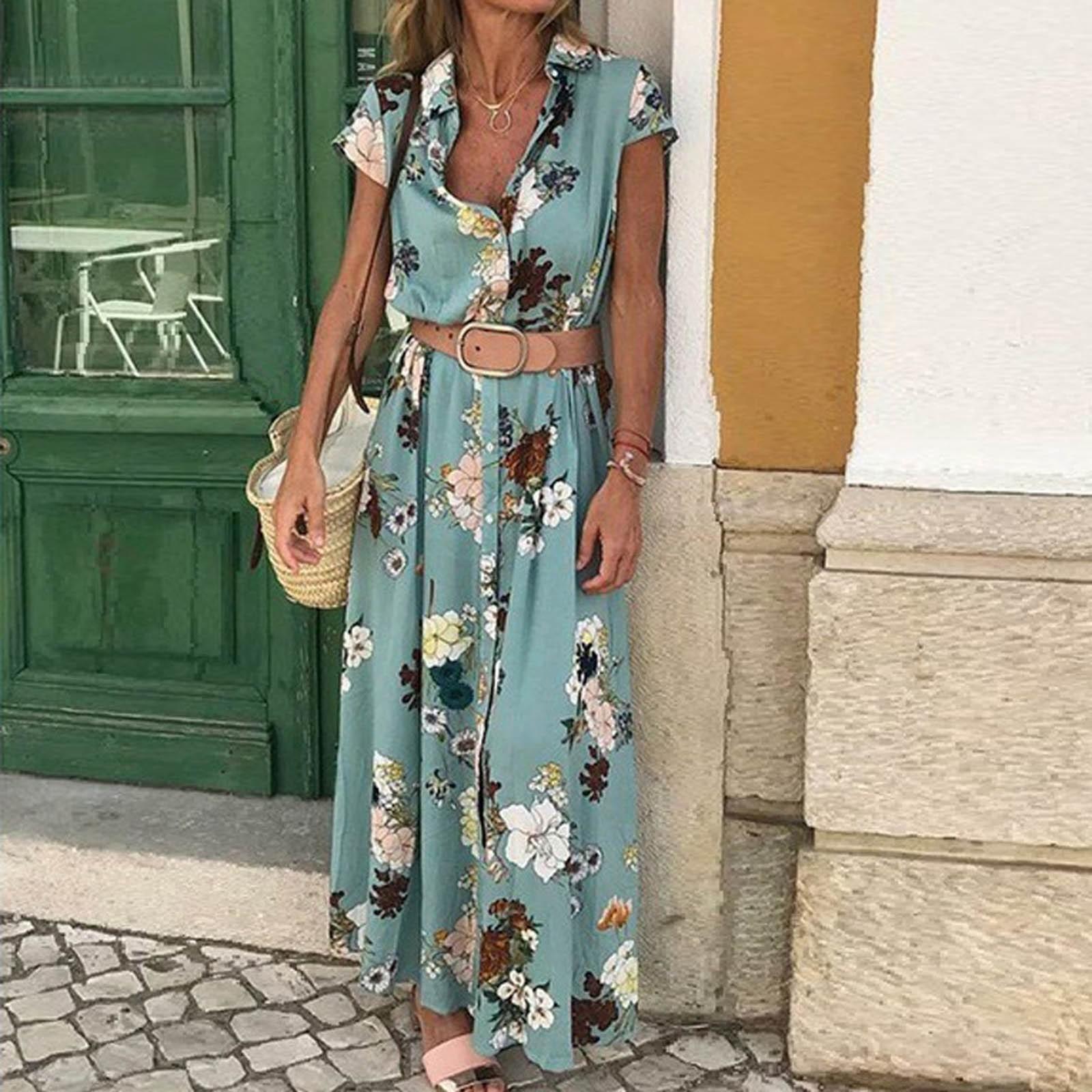 

Женское богемное ретро этническое платье с принтом для курорта, V-образным вырезом, завязкой и пуговицами, длинное M