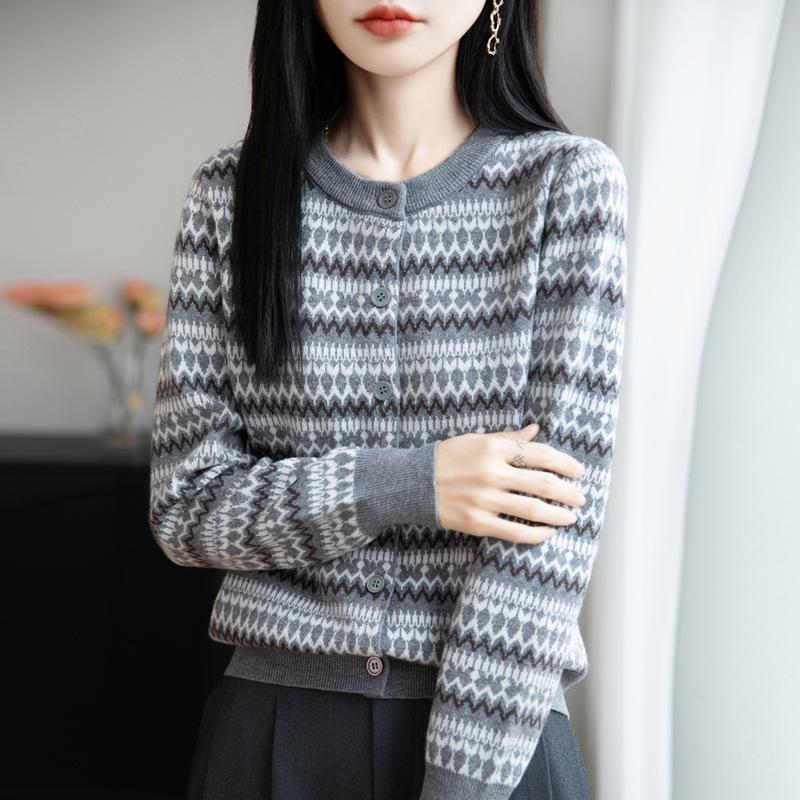 Cardigan de damă Fair Isle cu gât rotund, tricotaj larg - Palton pulover casual bloc de culoare Toamnă/Iarnă