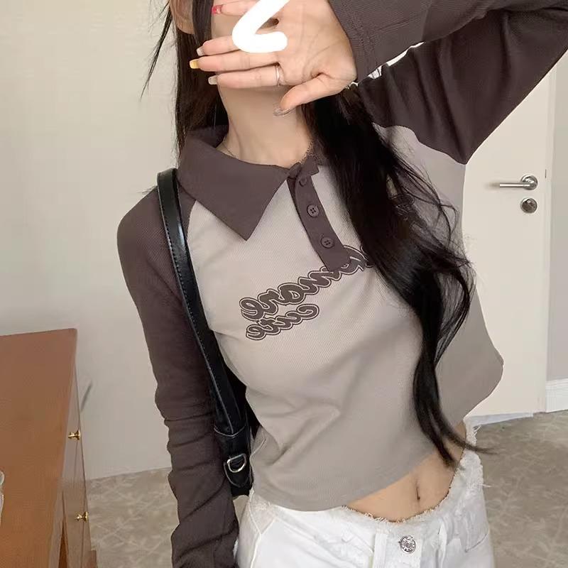 

Футболка с длинными рукавами контрастного цвета в американском стиле для женщин на осень и зиму, новый дизайн, тонкий короткий фасон, замедляющий старение топ XL