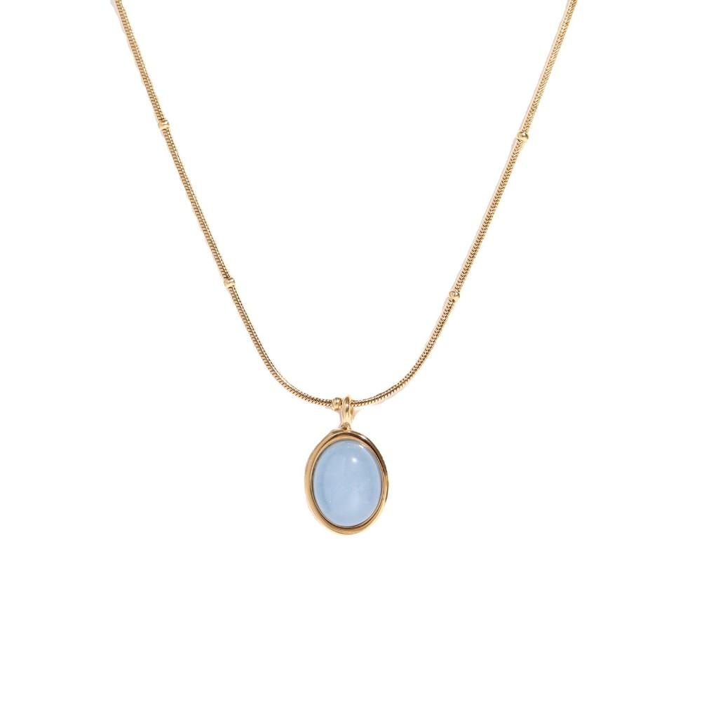 Titanium Steel Starry Ocean Pendant Necklace With Blue Oval Gemstone For Women