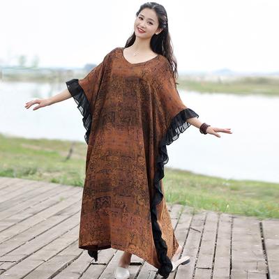 Woman Autumn Fashion Vintage Retro Loose Casual Dress Chinese Style Splice Half Sleeve V-Neck Dress