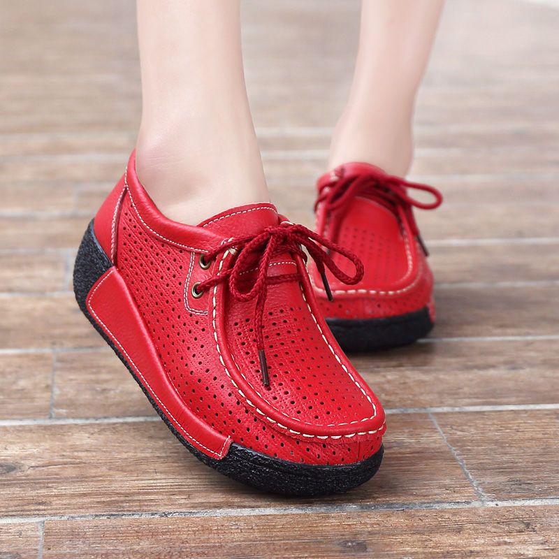 Women's White Leather Cut-Out Wedge Shoes - Thick Soft Sole, Casual Spring/Summer Platform Shoes.