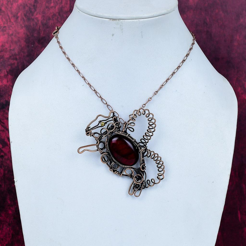 Red Fire Labradorite Gemstone Pendant Handmade Copper Wire Wrapped Rabbit Jewelry