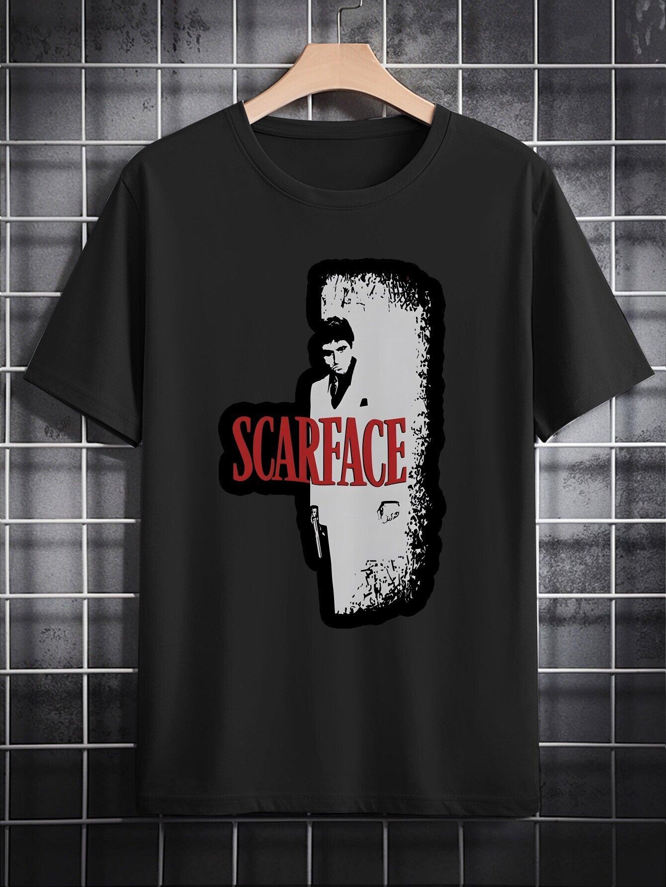 Casual Crew Neck T-shirt with Scarface 3D Graphic Print - Black Short Sleeve Tee M