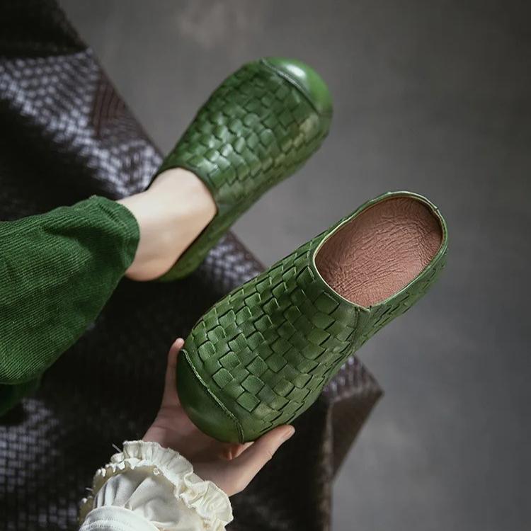 Johnature Handmade Woven Round Toe Outdoor Platform Slippers Genuine Leather Versatile Women's Shoes