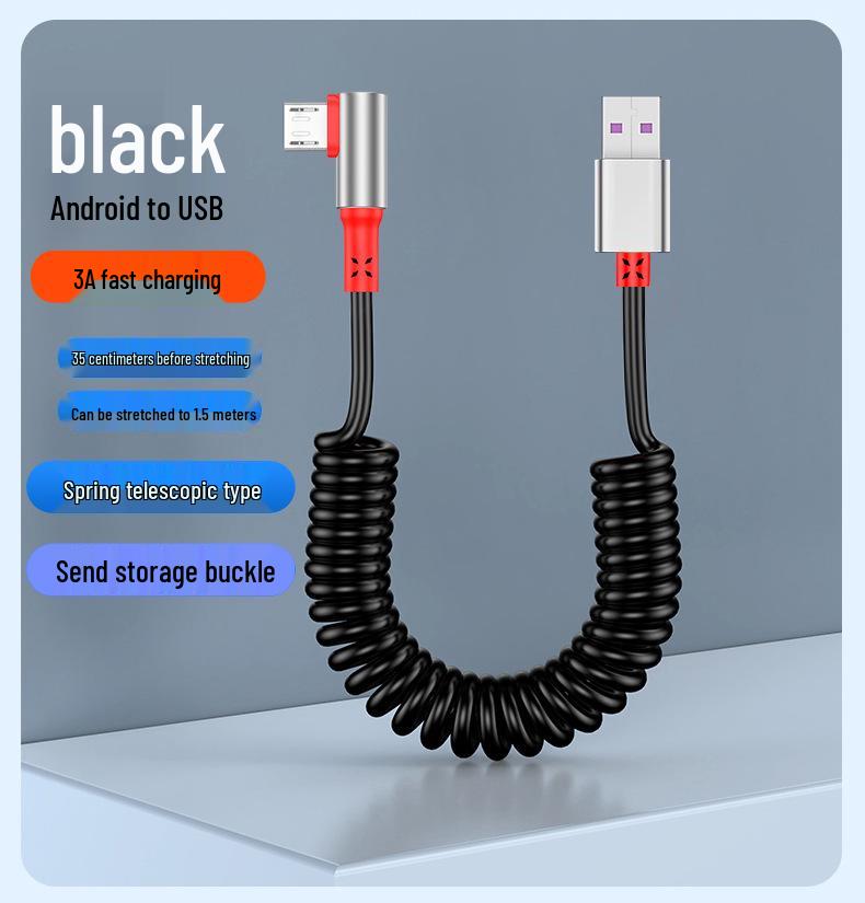 Câble USB Rétractable à Ressort Double Coude 6A Charge Rapide pour Téléphones & Voitures