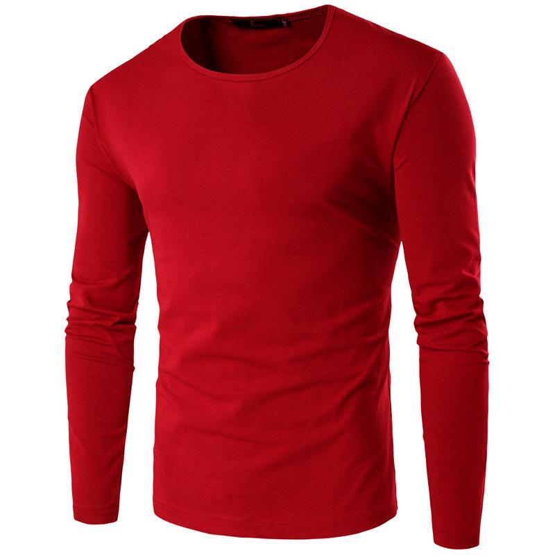 Men's Long-Sleeve Slim Fit Round Neck Cotton T-Shirt - Solid Color Autumn/Winter Collection