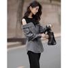 Women's Off-Shoulder Faux Two-Piece Spliced Belted Blouse