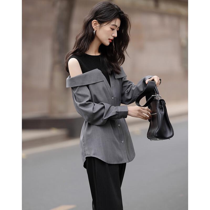 Women's Off-Shoulder Faux Two-Piece Spliced Belted Blouse