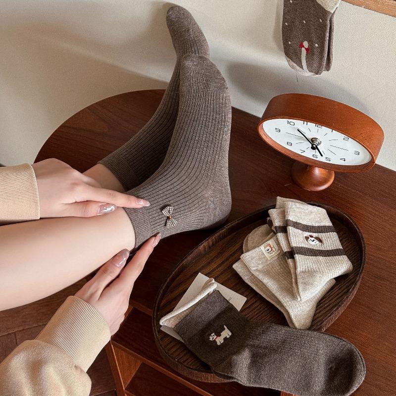 Ladies Autumn Winter Cotton Cute Cartoon Puppy Striped Curled Edge Double Mouth in Color Contrast Tube Socks