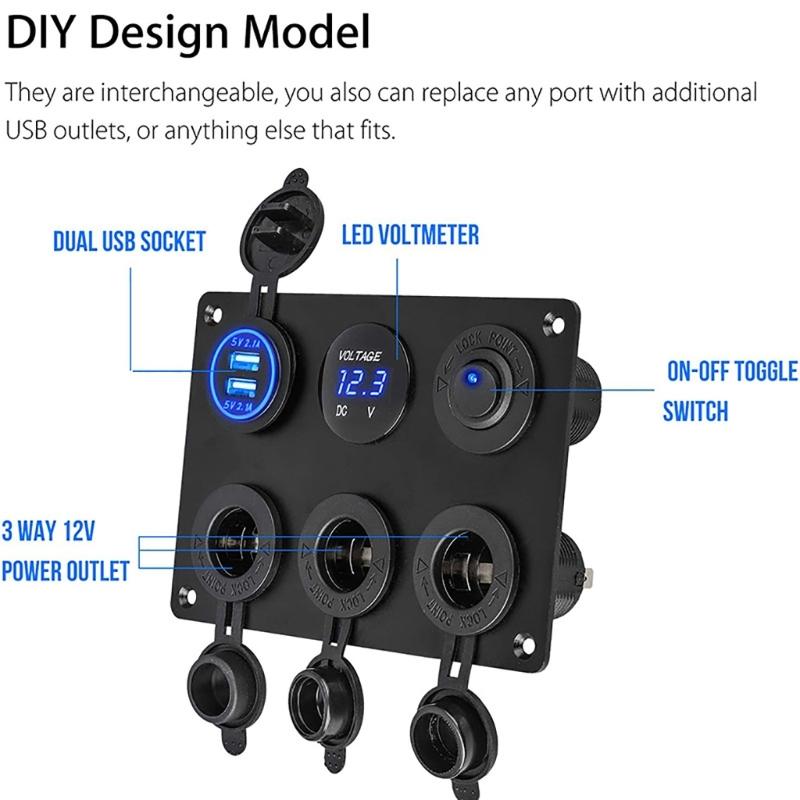 LED Rocker Switch Panel with Digital Voltmeter Dual USB Port 12V Outlet Combination Waterproof On Off Car Marine 6 in 1
